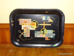 (KIT) VERY LARGE ANTIQUE BLACK METAL SERVING TRAY, DECORATED WITH STAMPS AND MAGNIFYING GLASSES, NED