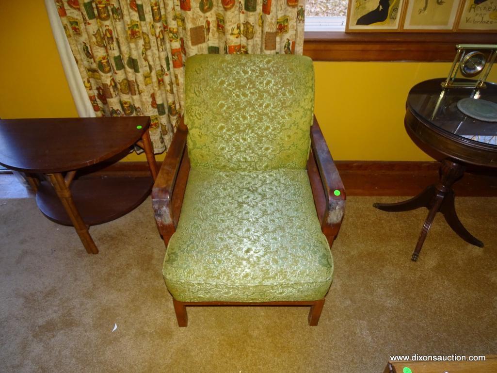 (LR) PAIR OF 1940S EASY CHAIRS, GREEN FABRIC IS IN USABLE CONDITION, THE WOOD COULD USE SOME