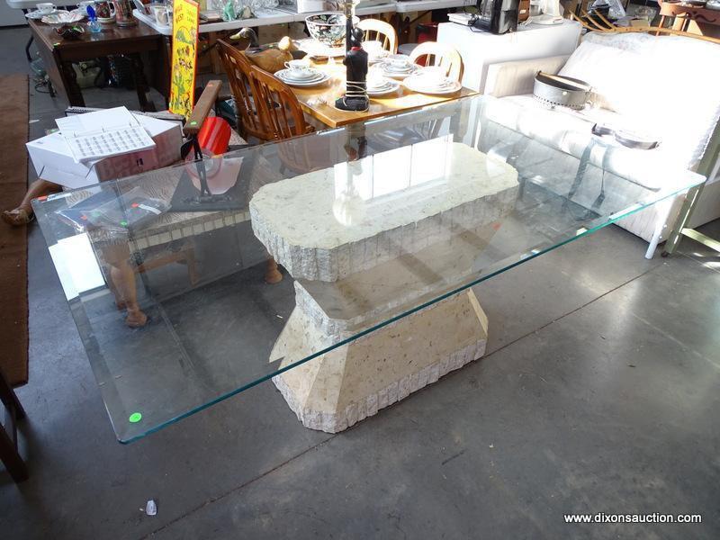 MODERN FAUX MARBLE BASE AND BEVELED GLASS TOP DINING TABLE: 71"x39.5"x29.5"