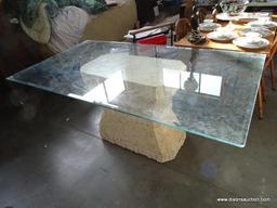 MODERN FAUX MARBLE BASE AND BEVELED GLASS TOP DINING TABLE: 71"x39.5"x29.5"