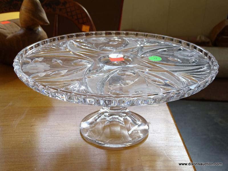 LEAD CRYSTAL ETCHED AND CUT CAKE STAND: 11.5"x5.5"