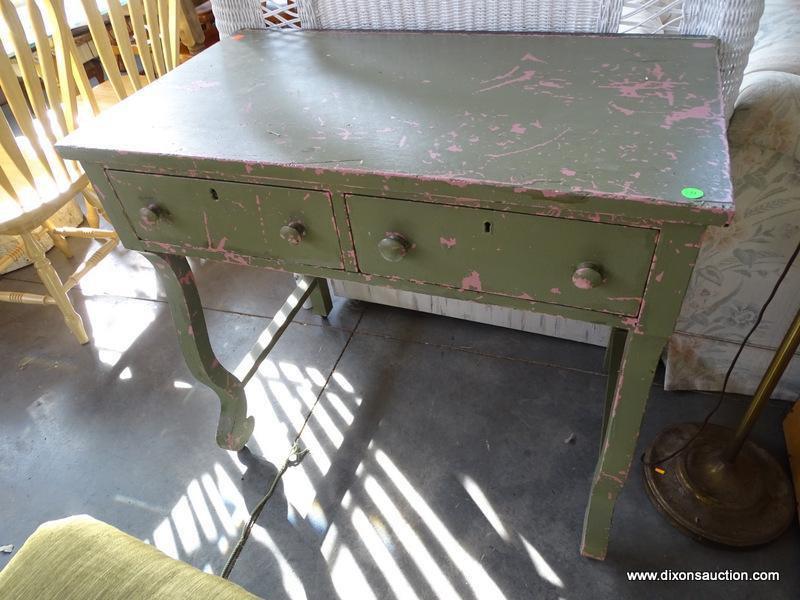 VINTAGE DISTRESSED PAINTED 2 DRAWER EMPIRE STYLE VANITY. HAS 2 DOVETAILED DRAWERS WITH OAK