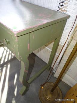 VINTAGE DISTRESSED PAINTED 2 DRAWER EMPIRE STYLE VANITY. HAS 2 DOVETAILED DRAWERS WITH OAK