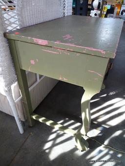 VINTAGE DISTRESSED PAINTED 2 DRAWER EMPIRE STYLE VANITY. HAS 2 DOVETAILED DRAWERS WITH OAK