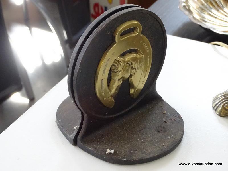 PAIR OF CAST IRON AND BRASS BOOKENDS WITH HORSE AND HORSESHOE PATTERN: 5"x6"