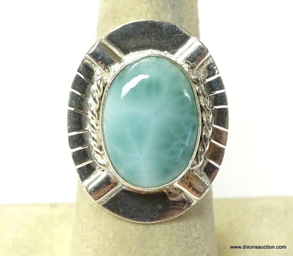 .925 STERLING SILVER AMAZING CARIBBEAN LARIMAR DESIGNER RING SIZE 7. (RETAIL $125.00)