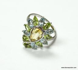 .925 STERLING SILVER GORGEOUS AAA QUALITY FACETED PEAR SHAPE CITRINE SURROUNDED WITH PERIDOT AND