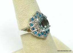 .925 STERLING SILVER GORGEOUS AAA BRAZILIAN NATURAL FACETED AQUAMARINE SURROUNDED BY BLUE SAPPHIRE