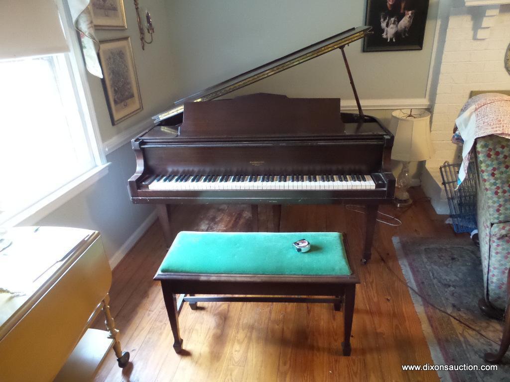 HARRINGTON SOLID MAHOGANY BABY GRAND PIANO, POSSIBLY 1930'S-1940'S. NEEDS TO BE TUNED, BUT ALL KEYS