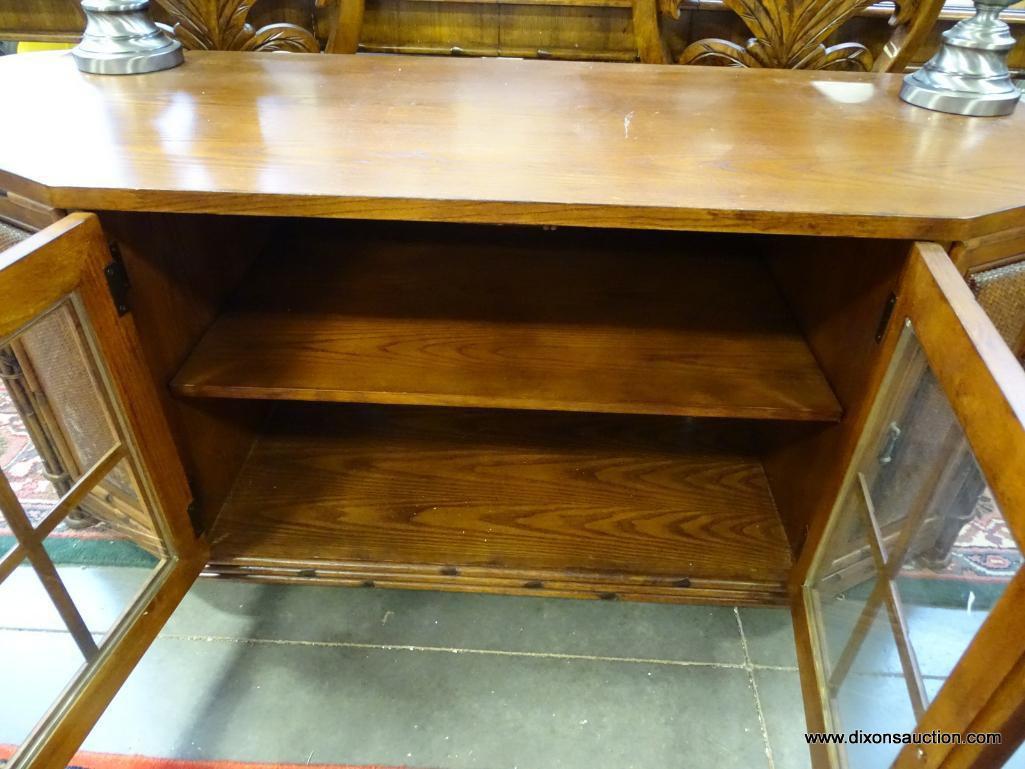 (SEC A) AMERICAN SIGNATURE OAK TOP AND CHERRY FINISH TV STAND/CREDENZA WITH BAMBOO CORNERED LEGS.