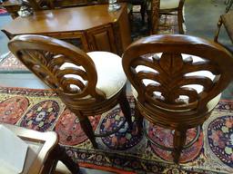 (SEC A) PAIR OF AMERICAN SIGNATURE PALM LEAF PATTERNED BACK BAR CHAIRS WITH BAMBOO CARVED FEET: