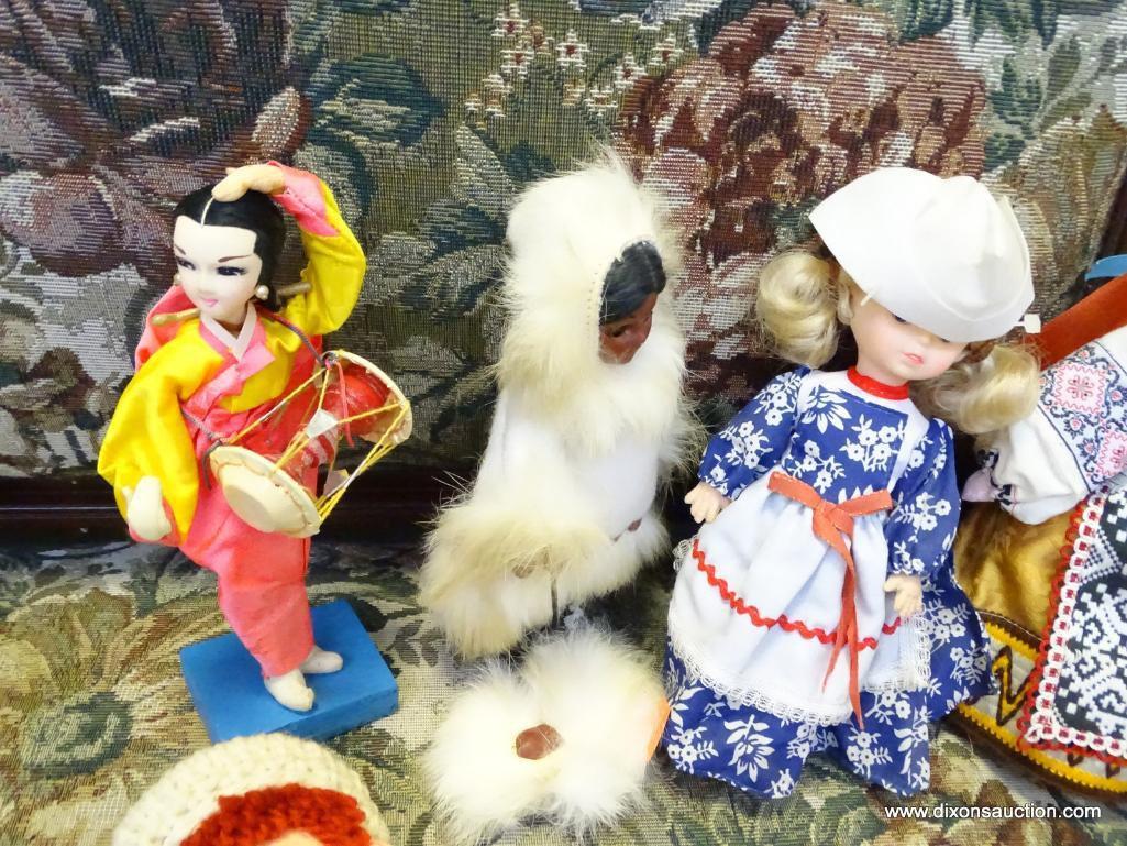 (SEC A) 8 MISC. FOREIGN DOLLS: 2 ARE ORIENTAL WITH ORIGINAL BOXES: 6" TALL. 1 DUTCH GIRL: 8" TALL. 1