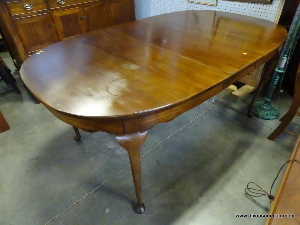 (SEC B) SOLID MAHOGANY CRAFTIQUE QUEEN ANNE DINING TABLE WITH 3 LEAVES. LEAVES ARE 12" WIDE EACH.