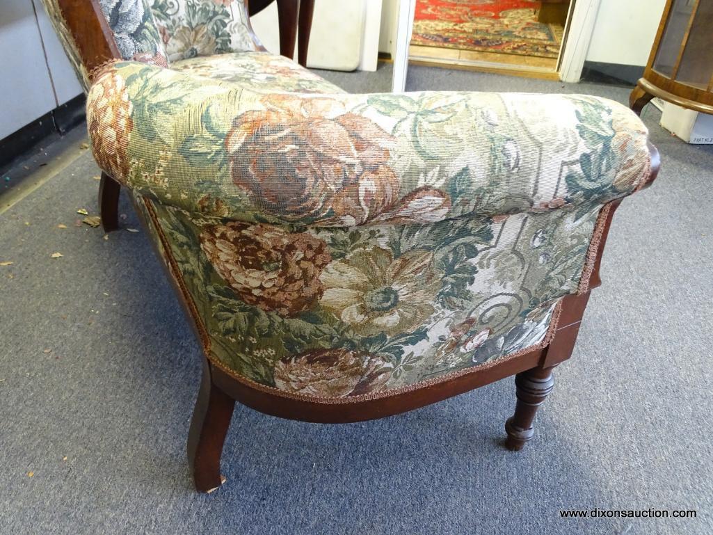 (SEC A) ANTIQUE WALNUT VICTORIAN EASTLAKE LOVESEAT WITH FLORAL TAPESTRY UPHOLSTERY. IN EXCELLENT