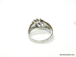 LADIES .925 STERLING SILVER RING WITH PURPLE AMETHYST CENTER STONES & OUTER CITRINE GEMSTONES. THE