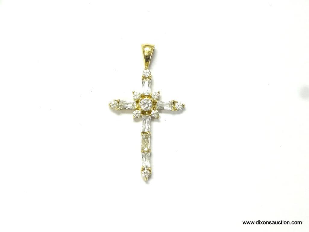 10K YELLOW GOLD & CUBIC ZIRCONIA CROSS PENDANT. MEASURES APPROX. 1-3/4" LONG BY 3/4" WIDE & WEIGHS