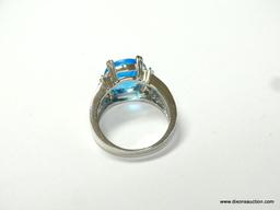 LADIES .925 STERLING SILVER COCKTAIL RING WITH LARGE BLUE CENTER GEMSTONE & OUTER WHITE SAPPHIRE