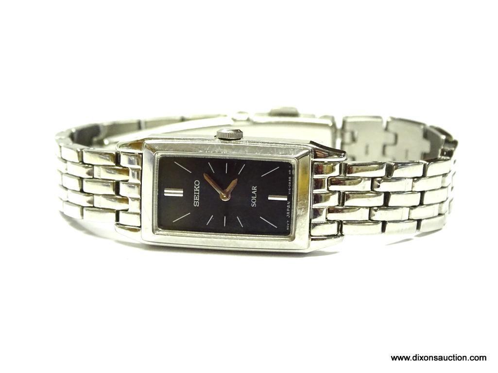 SEIKO SOLAR LADIES WATCH. MODEL# V116-DAA0. THIS WATCH IS WATER RESISTANT, CONSTRUCTED OF ALL