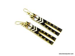 LAUREL BURCH SIGNED VINTAGE CAT EARRINGS TITLED " NUBIAN CAT" VERY COOL LONG NARROW BLACK AND GOLD