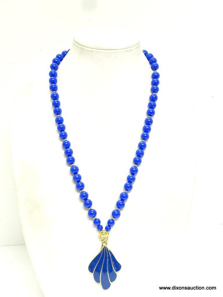 VINTAGE SIGNED TRIFARI BLUE AND GOLD TONE DROP PENDANT BEAD NECKLACE. 27" LONG. DROP PENDANT 3.25"