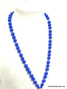 VINTAGE SIGNED TRIFARI BLUE AND GOLD TONE DROP PENDANT BEAD NECKLACE. 27" LONG. DROP PENDANT 3.25"