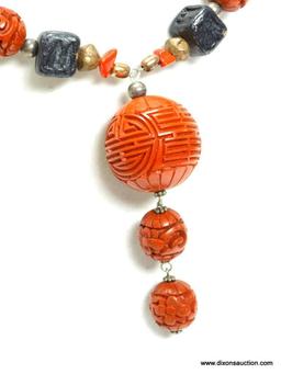 VINTAGE CARVED CINNABAR ROUND BALL OF LIFE DROP PENDANT NECKLACE. 17" LONG. PENDANT HAS 3" DROP.