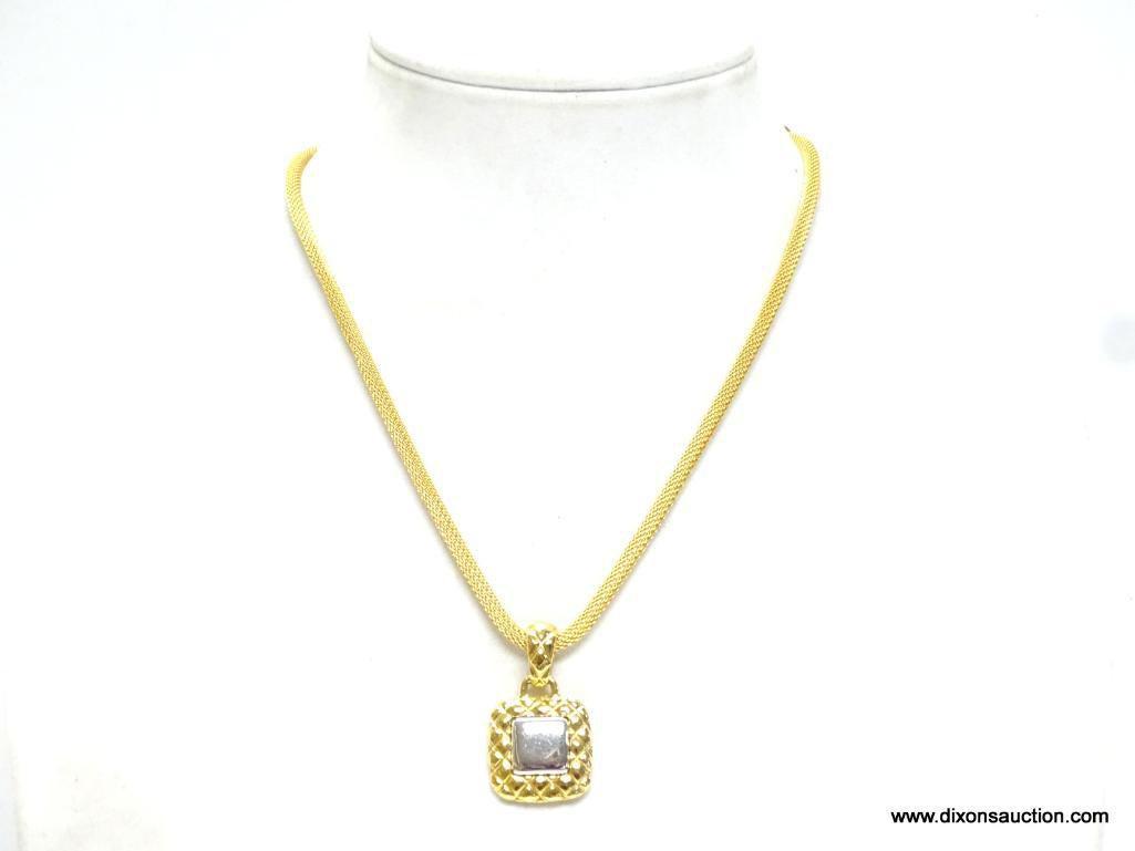 VINTAGE LCI SIGNED DESIGNER GOLD TONE MESH CORD NECKLACE WITH REVERSIBLE DROP PENDANT. NECKLACE 18"