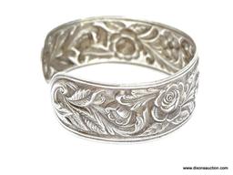 VINTAGE STERLING SILVER ART NOUVEAU FLORAL DECORATED CUFF BRACELET. 7/8" ACROSS. 3" ACROSS THE