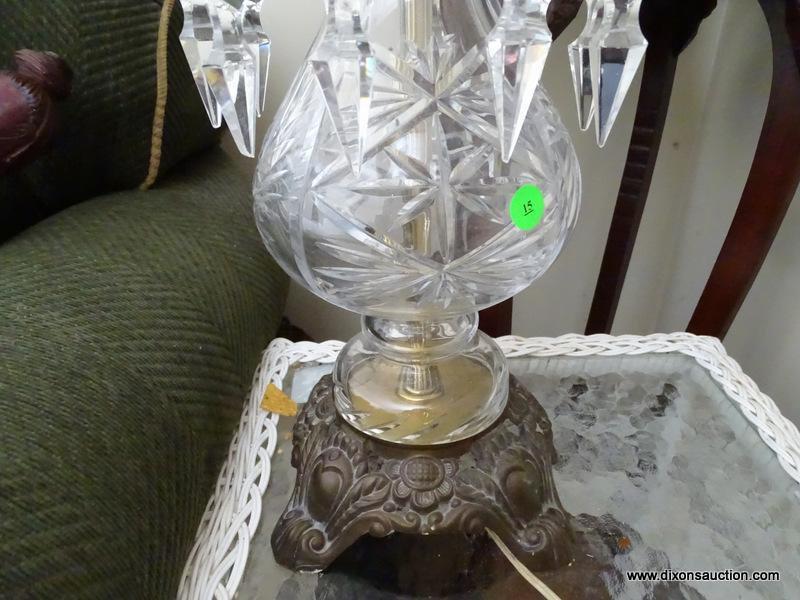 (LR) VERY NICE CUT GLASS TABLE LAMP WITH DROP PRISMS. 36" TALL. SHADE NEEDS TO BE RECOVERED.