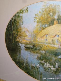 (LR) FRAMED PRINT OF DUCKS IN A POND. NICE OVAL MATT JOB. GOLD FRAME. 25"X21".