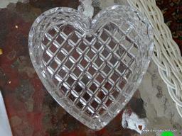 (LR) COVERED HEART SHAPED CANDY DISH. DIAMOND QUILT PATTERN. 6" ACROSS.