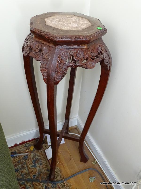 (LR) CARVED MAHOGANY PLANT STAND. 36" TALL.