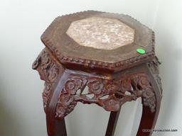 (LR) CARVED MAHOGANY PLANT STAND. 36" TALL.