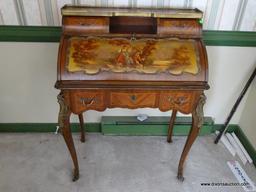 (F) FRENCH LADIES DESK WITH FALL FRONT PAINT DECORATED VICTORIAN STYLE ROMANTIC SCENE. THIS PIECE IS