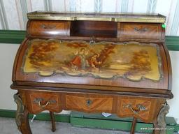 (F) FRENCH LADIES DESK WITH FALL FRONT PAINT DECORATED VICTORIAN STYLE ROMANTIC SCENE. THIS PIECE IS