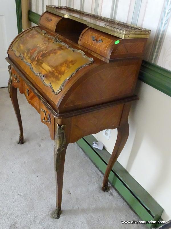 (F) FRENCH LADIES DESK WITH FALL FRONT PAINT DECORATED VICTORIAN STYLE ROMANTIC SCENE. THIS PIECE IS