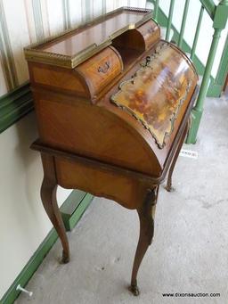 (F) FRENCH LADIES DESK WITH FALL FRONT PAINT DECORATED VICTORIAN STYLE ROMANTIC SCENE. THIS PIECE IS