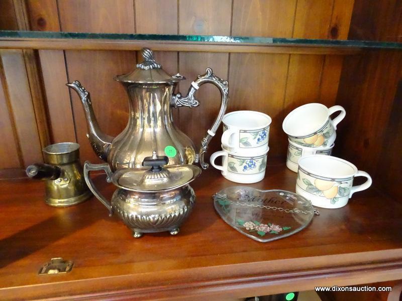 (K) FB ROGERS SILVER PLATE TEAPOT, 5 FRUIT DECORATED COFFEE CUPS, A COVERED CREAMER, BRASS POURER, A