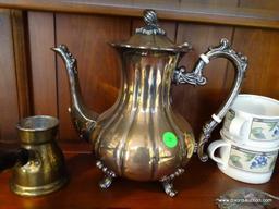 (K) FB ROGERS SILVER PLATE TEAPOT, 5 FRUIT DECORATED COFFEE CUPS, A COVERED CREAMER, BRASS POURER, A