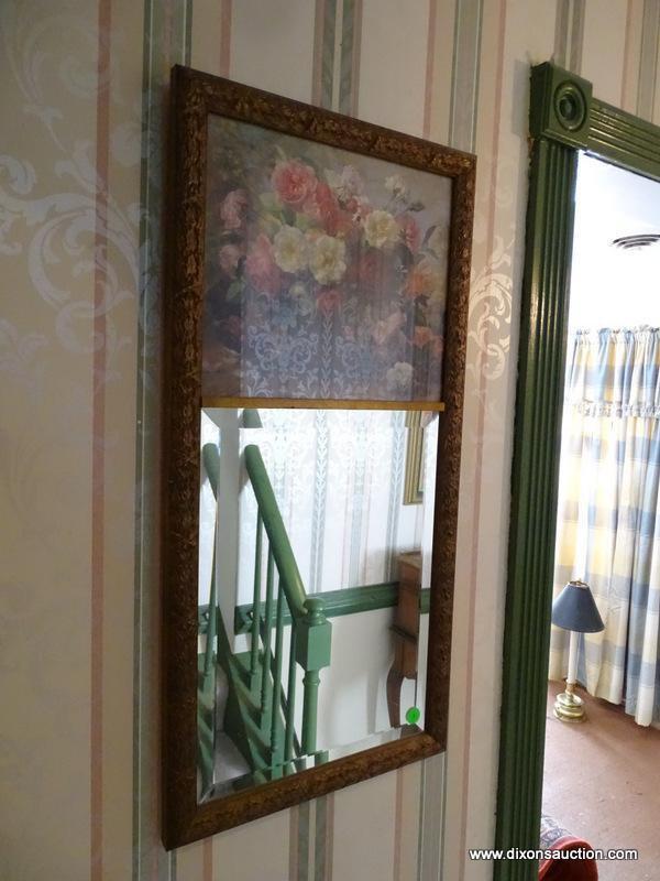 (F) VINTAGE BEVELED GLASS MIRROR WITH FLORAL PRINT AT THE TOP. 13.75"X28".