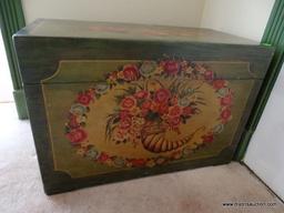 (F) PAINT DECORATED SMALL TRUNK. PAINTED ALL THE WAY AROUND. NICE FOR STORAGE. 24"X12"X16.25".