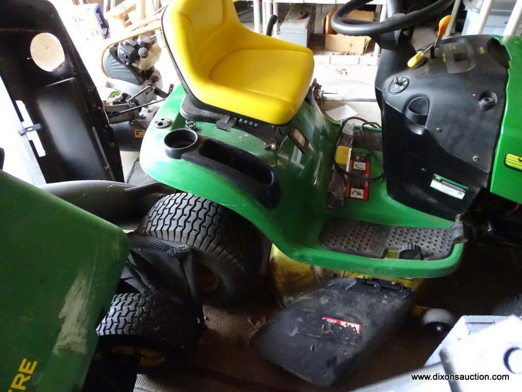 (GAR) JOHN DEERE L108 AUTOMATIC 42" CUT RIDING LAWNMOWER WITH BAGGER ATTACHMENT. HAS ACCESSORIES: