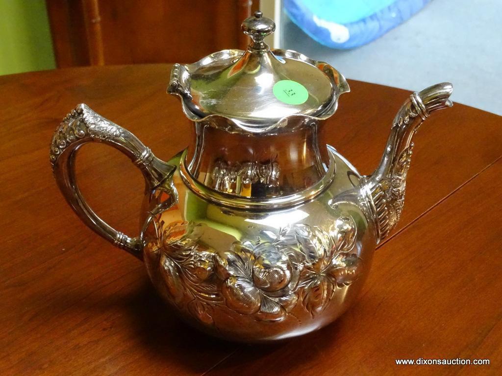 (KIT) 5 PIECE SILVER-PLATE VICTORIAN TEA SET: TEA POT: 7" TALL. COFFEE POT: 8" TALL. CREAM AND