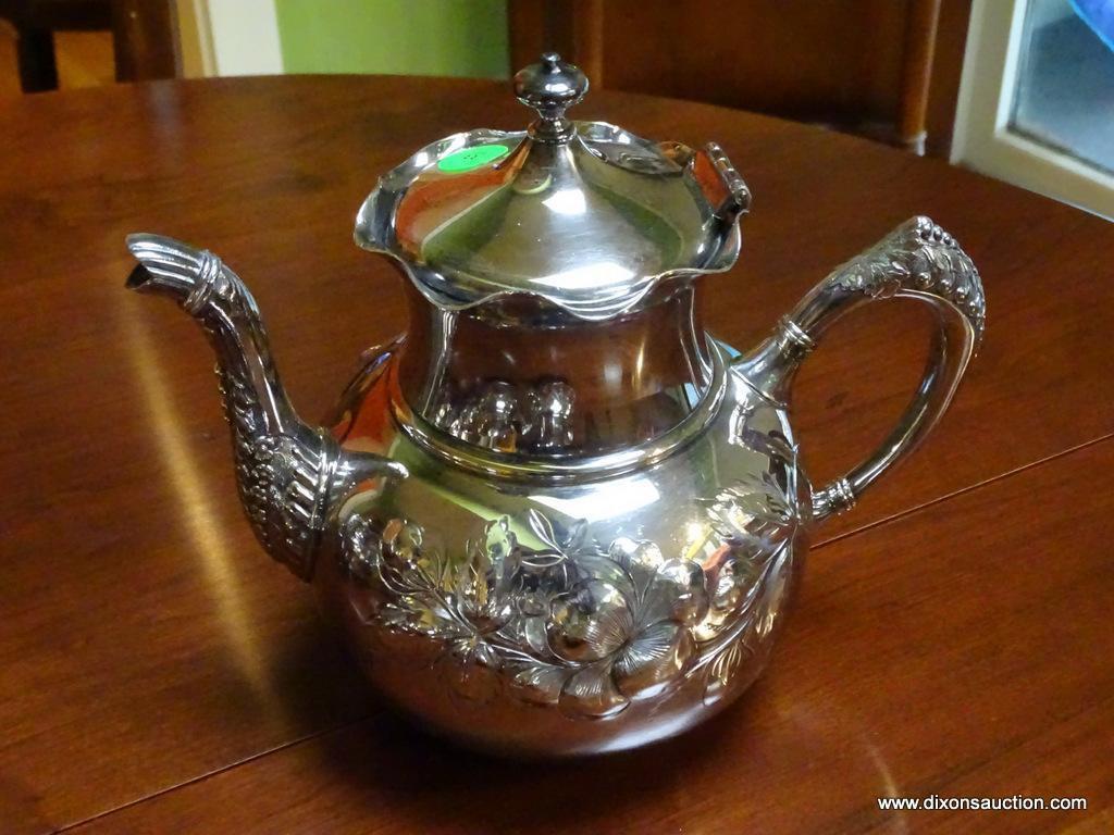 (KIT) 5 PIECE SILVER-PLATE VICTORIAN TEA SET: TEA POT: 7" TALL. COFFEE POT: 8" TALL. CREAM AND