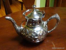 (KIT) 5 PIECE SILVER-PLATE VICTORIAN TEA SET: TEA POT: 7" TALL. COFFEE POT: 8" TALL. CREAM AND