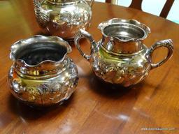 (KIT) 5 PIECE SILVER-PLATE VICTORIAN TEA SET: TEA POT: 7" TALL. COFFEE POT: 8" TALL. CREAM AND