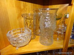 (KIT) CONTENTS OF TOP SHELF OF CORNER CABINET: 3 VASES. CRYSTAL FLORAL FOOTED BOWL. 4 MISC. COLORED