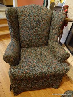 (FR) TAPESTRY FLORAL UPHOLSTERED CHAIR AND OTTOMAN. CHAIR: 33"x31"x41.5". OTTOMAN: 25"x19"x13". VERY