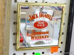 (WALL) JACK DANIELS MIRRORED BACK ADVERTISING SIGN. IN BRASS FRAME: 4.5"x4.5"