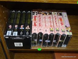 (WOOD SHELVES) LOT OF MISC. TAPES: THE JOHNNY CARSON SHOW "HIS FAVORITE MOMENTS". THE BARBRA